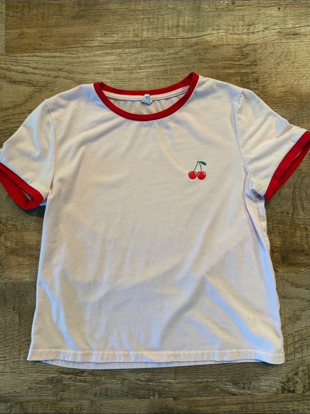 Girls Light Pink Ringer Tee with Red Trim and Cherry Graphic